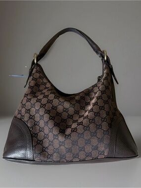 Vintage Gucci Chocolate Brown GG Monogram Shoulder Bag with Dark Brown Trim